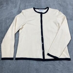 Pendleton Women M Cardigan Cream Navy Trim Silk Blend Old Money Button Front